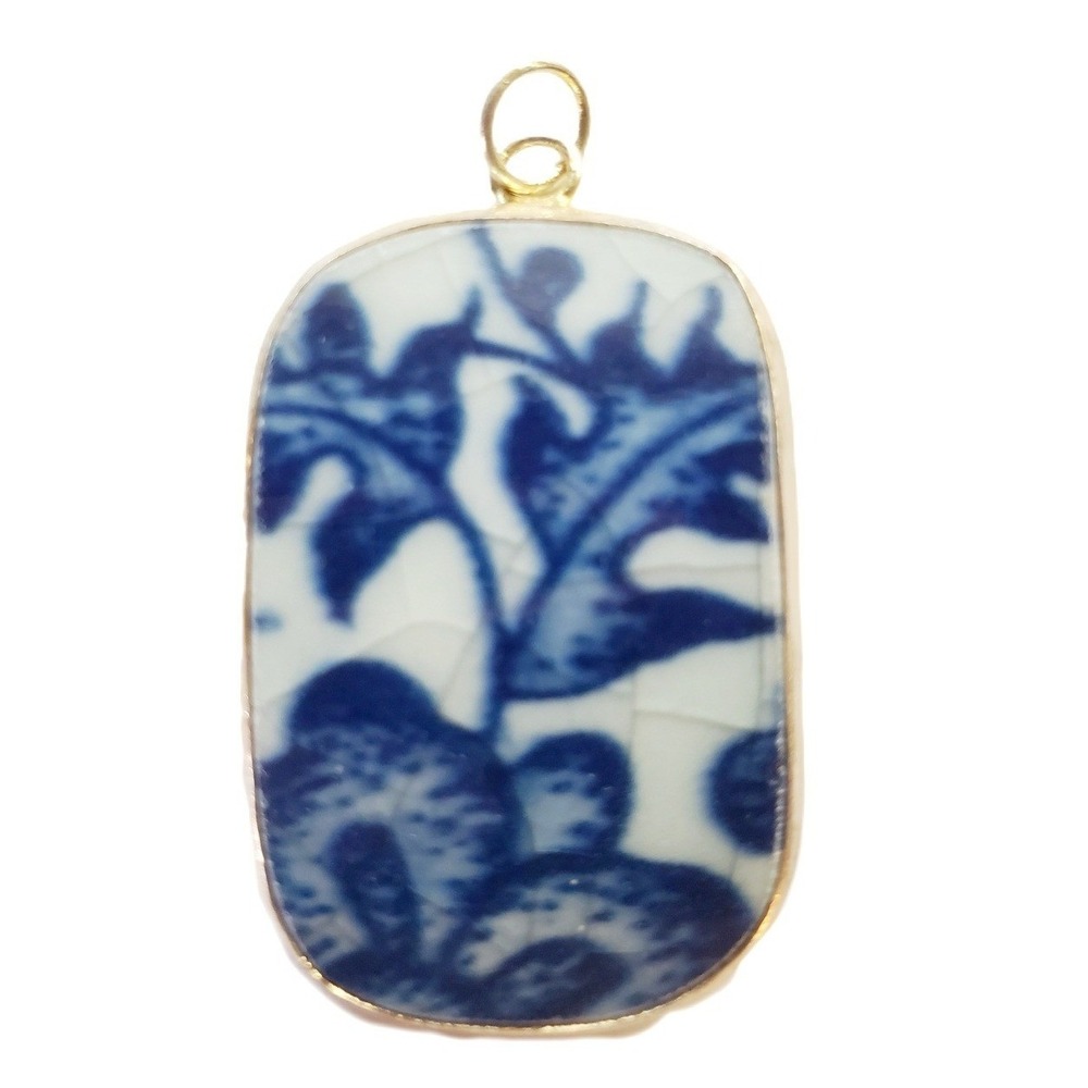 Vintage Porcelain Pottery Shard Pendant Ming Blue & White Floral Ceramic Silvery